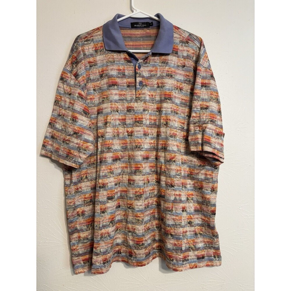 Bugatchi Uomo Mens XL Polo Shirt Multicolor Striped Mercerized Egyptian Cotton